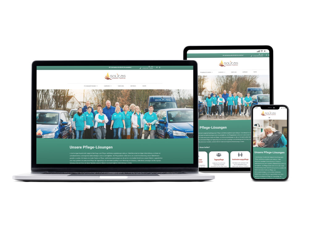 Das Bild zeigt verschiedene Endgeräte (Laptop, Tablet und S,artphone, auf denen die neue Website des solitas Pflegedienstes gezeigt wird.